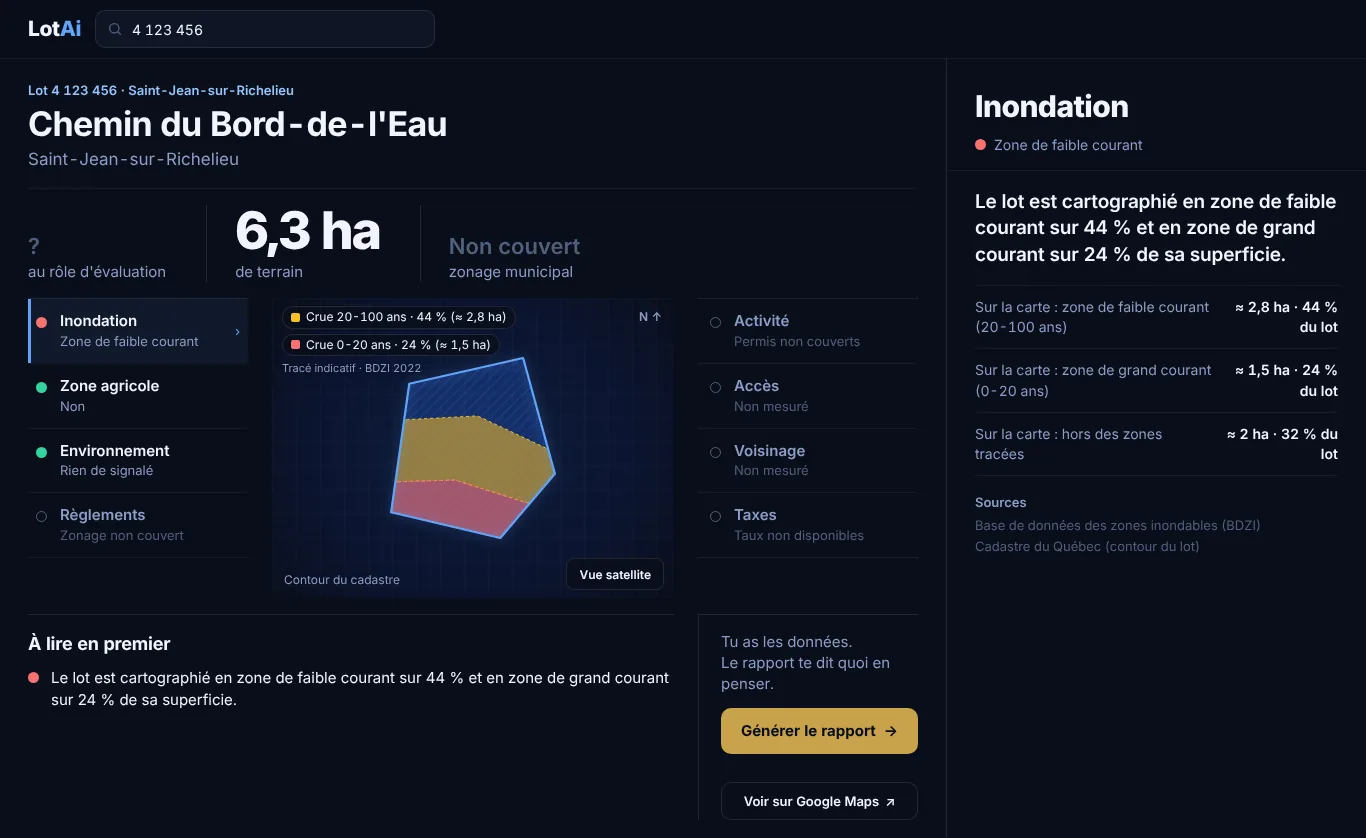 La fiche LotAi d'un lot : valeur au rôle, superficie, zonage et les volets de contraintes