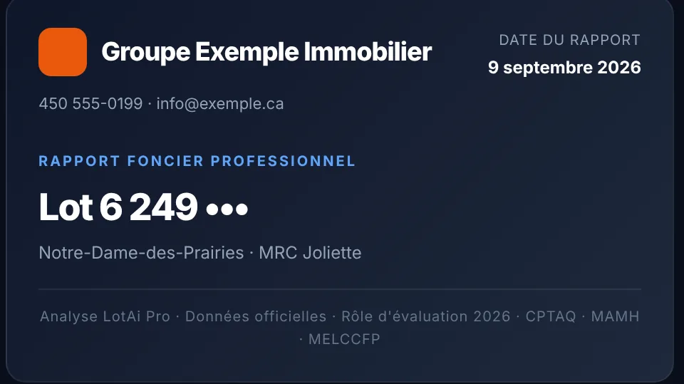 Page de garde d'un rapport LotAi Pro au nom et au logo du courtier