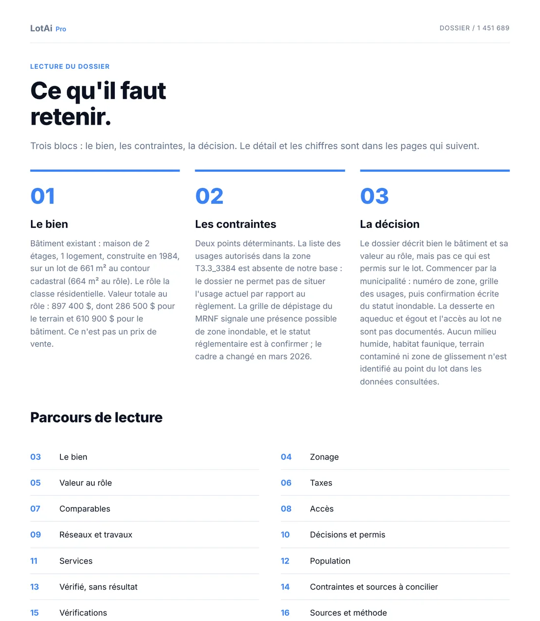 Page « Ce qu'il faut retenir » d'un rapport LotAi